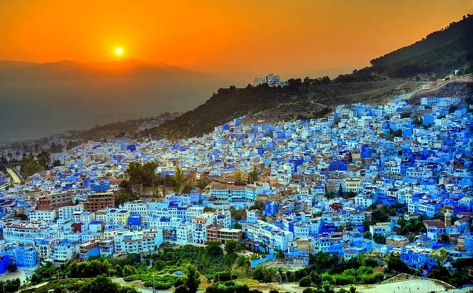 The blue city of Chefchaouen at sunset