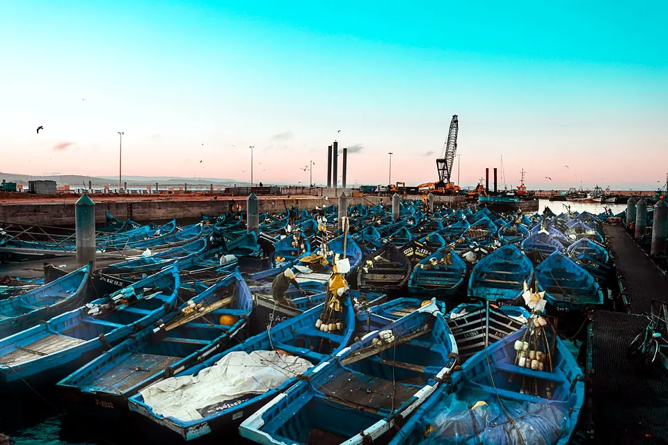 Blue fishing boats in Essaouira harbour